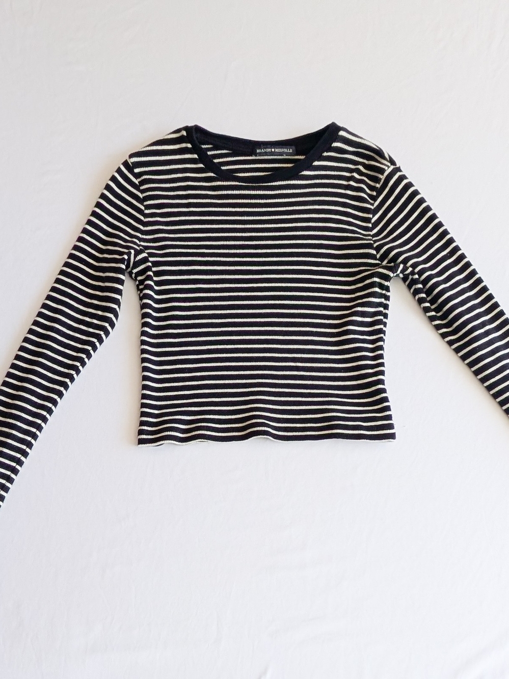 Brandy Melville Women's Top Black & White Striped Cotton Long Sleeve Cropped XS